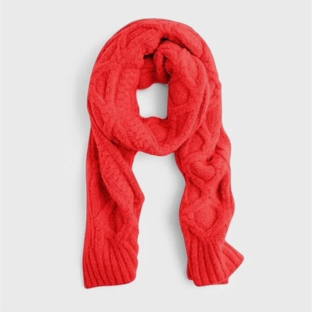 J. Crew Red Loopy Stitch Oversized Cable-Knit Scarf Wool-Blend K2537 14.5" x 82"